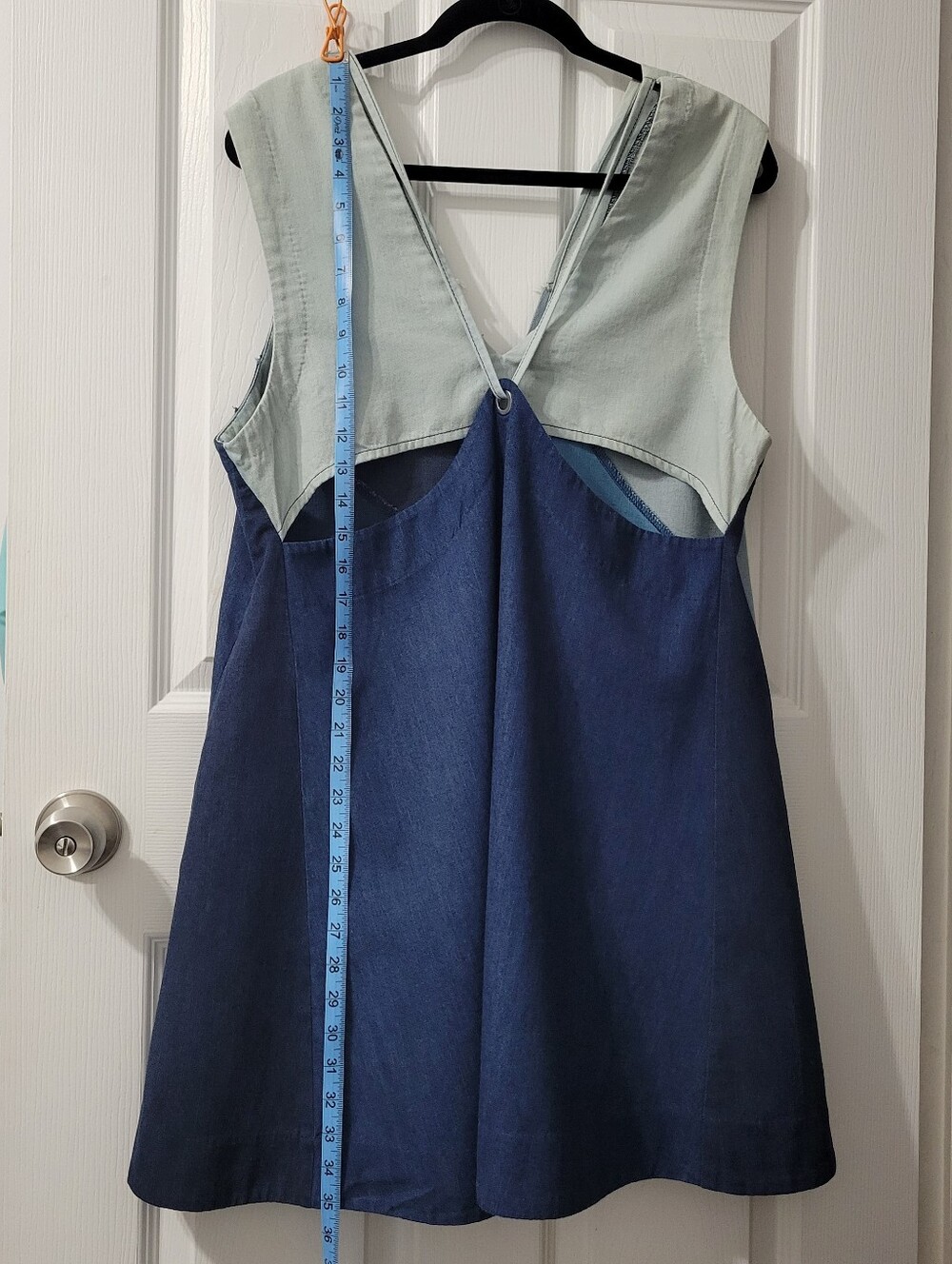 Free People Sleeveless V-Neck Colorblock Denim Dress in Mint and Blue Shades - Picture 11 of 13